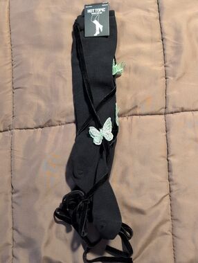 Hot Topic Black Knee-Highs with Mint Green Butterfly Appliqués
